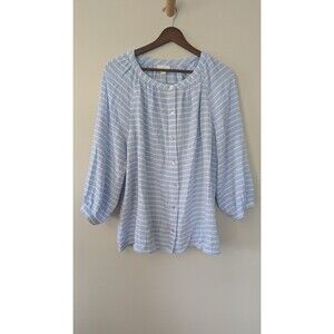 J JILL Button Up Top Gauzy Cotton Coastal Blue Stripe Lightweight Relaxed Large